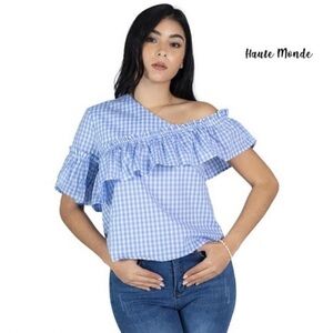 Like Brand New! A.N.A Blue Gingham Off-Shoulder Top